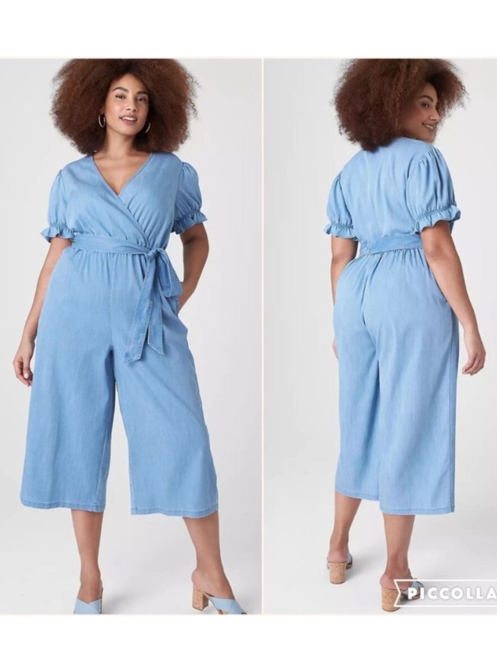 Lane Bryant  Blue Denim Chambray Puff Sleeve Wide Leg Jumpsuit Jumpsuit Sz 14